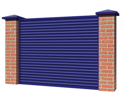 Секция забора жалюзи из ламелей Жалюзи ЭКО-Z RAL5002 Ультрамариново-синий с кирпичными столбами